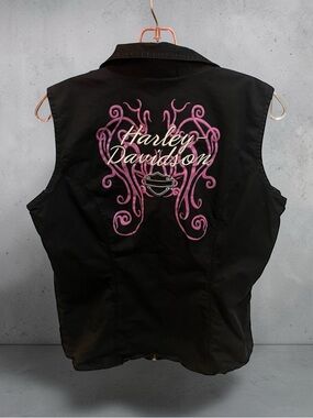 Harley-Davidson Zip Up Black cotton Vest with Pink Script and Scrollwork XL